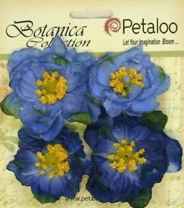 RUFFLED PEONY - BLUE 45 to 50mm x 4 Flowers with Centre FABRIC Textured Pet A1