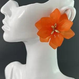 Lily Flower Earrings Pierced Orange Resin Statement Runway Large Bold