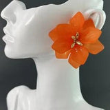 Lily Flower Earrings Pierced Orange Resin Statement Runway Large Bold