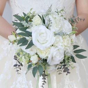 Bridal bouquet white and greenery,White rose bridal bouquet,White green wedding bouquet,Eucalyptus bridal bouquet,White rose wedding flowers