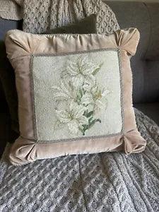 Vintage Floral Needlepoint Pillow White Lilies Tan Velvet Down Insert 18 x 18