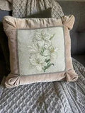 Vintage Floral Needlepoint Pillow White Lilies Tan Velvet Down Insert 18 x 18