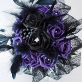 Artificial Purple & Black Foam Roses Black Feather Plumes Gothic Bridal Hand-Tied Bouquet - Made to Order