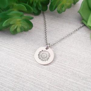Sunflower Disc Necklace - Small Hand Stamped Sunflower Alkeme Disc Necklace (Style 2)