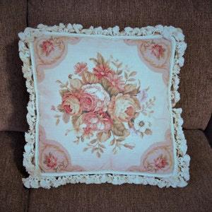 Vintage Wool Petit Point Cushion Cover | Throw Pillow Cover | Floral Rose Bouquet Accent Pillow Case | Needlepoint Cushion 16x16