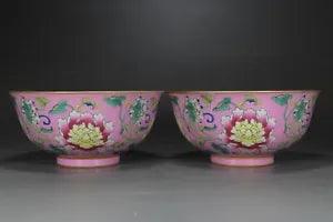 6.5" China dynasty Porcelain yongzheng mark pair famille rose peony flowers bowl