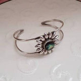 Fabulous vintage 925 sterling silver Mexican abalone shell centred floral open cuff bracelet. Gift for her. Daisy flower. Sunflower bracelet