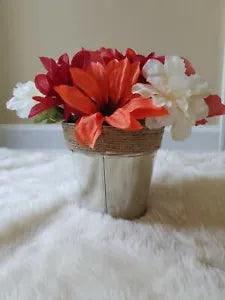 Artificial Floral Arrangment In Metal/Tin Bucket, Autumn, Flowers, Peonies