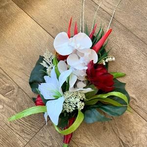 Tropical wedding bouquet/Bridal bouquet with tropical flowers/Bride bouquet with Bird of paradise, protea, orchid, lily and burgundy flowers