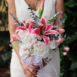 Raspberry Lilly Wedding Bouquet, Wedding Flowers, Bridal Bouquet, Pink Lilies, Eucalyptus, Pink Tulips, Real Touch Flowers, Pink and White