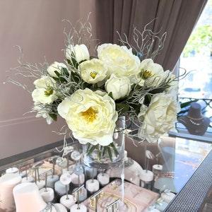 White Peony Bouquet in Glass Vase, Artificial Flower Bouquet for Dining Table Decor, Real Touch Peony Bouquet in Clear Vase, Table Bouquet