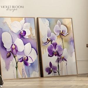 Abstract Watercolor Orchid Flower Print | White Orchid Painting | Printable Floral Wall Art | Modern Purple Wall Decor for Office