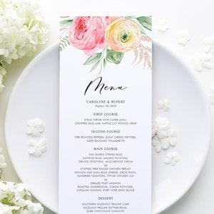 Printable Spring Floral Menu Card Template - 4x9 Watercolor Pink and Yellow Ranunculus Bouquet Wedding Menu Card - DIY Menu Card WPRG6