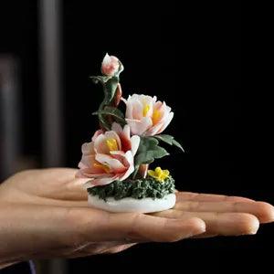 Chinese Ceramic Flower Bonsai Statue Petal Hand Working Table Decor