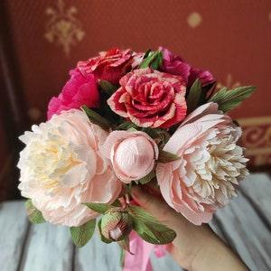 Crepe paper peonies, Mother's day flower gift, Paper flowers mixed bouquet gift for wife, Bright paper bouquet roses for 1st anniversary