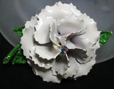 Vintage White & Green Enamel Carnation FLOWER  Pin Brooch~Aurora Borealis RS
