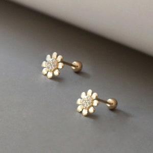 Sunflower Earrings, 10K Solid Gold Jewelry with CZ Inlay, Handmade Jewelry, Mini Stud Earrings, Gift for Her, Dainty Gold Jewelry