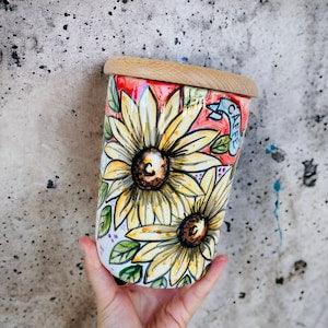 Coffee sunflower canister, italian art pottery, handmade coffee jar, coffee ceramic jar, coffee ceramic container, red coffee storage pot
