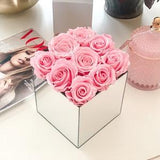 Luxury preserved roses in mirror vase sleeping forever roses bouquet in mirror cube vase