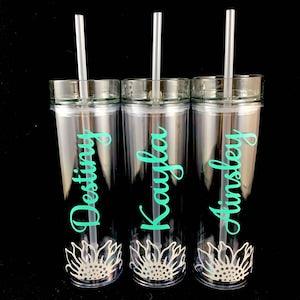 Personalized Water Bottle Bridesmaid Gift Skinny Tumbler with Sunflower, Bridal Party Gift, Wedding Party Tumbler Cup w/ Straw Flower MOH