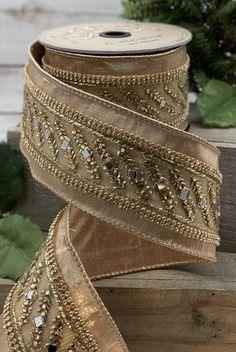 Rose Gold Jeweled Christmas Wire Edge Designer Ribbon, 2 1/2". Flower Delivery