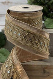 Rose Gold Jeweled Christmas Wire Edge Designer Ribbon, 2 1/2