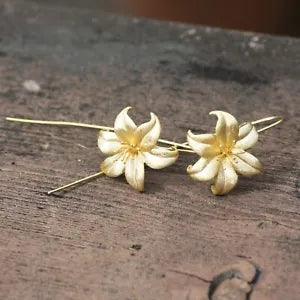 Large Gold Lily Flower Earrings Sterling Silver 925 , 30th anniversary flower