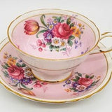 Paragon pink cup and saucer with roses and florals bouquet,  double warrant,  made in England bone china