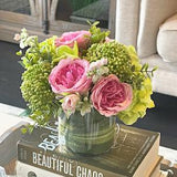Pink roses in glass vase, Faux silk flowers centerpiece, green hydrangea, berry clusters, greenery, real touch artificial floral arrangement