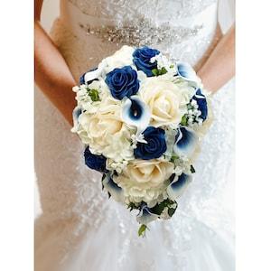 Cascade Bridal Bouquet Navy Blue Callas Roses Real Touch Ivory Roses - Add Groom Boutonniere Bridesmaids Bouquets Flower Crown & More!