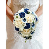 Cascade Bridal Bouquet Navy Blue Callas Roses Real Touch Ivory Roses - Add Groom Boutonniere Bridesmaids Bouquets Flower Crown & More!