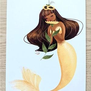 Sunflower Mermaid Print | Girls Room Decor | Mermaid Illustration | 5 x 7