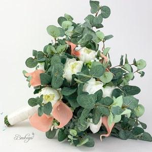 CHOOSE RIBBON COLOR - White Ivory Peony, Ranunculus, Blush Calla Lily, Baby??s Breath, Eucalyptus, Greenery Bridal Bouquet, Wedding