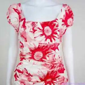 Suzi Chin for Maggy Boutique White Red Floral Peony Sheath Ruched DRESS 6