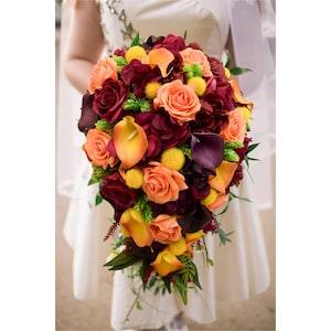 Cascade Bridal Bouquet - Fall Wedding Flowers- Plum Orange Callas Lilies Roses - Add Boutonniere, Corsage, Wedding Arch Flowers and More!