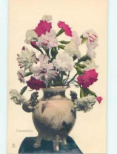 Pre-Linen art nouveau RED AND WHITE CARNATION FLOWERS IN POTTERY VASE HJ3665