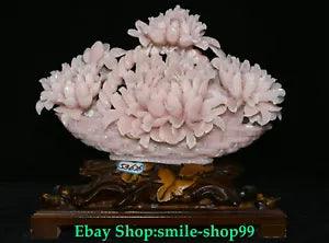 13.3" Top 100% Natural Pink Xiu Jade Carving Peony Flower Basket Bonsai Statue