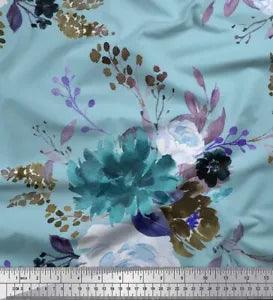 Soimoi Blue Velvet Fabric Leaves & Peony Floral Fabric Prints By-fnt