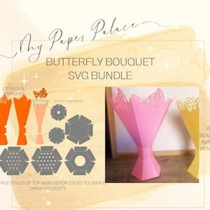 Cardstock Diy Flower Bouquet Gift Box, butterfly design,  candy bouquet, cricut score lines, dash score lines, inserts and decor sections