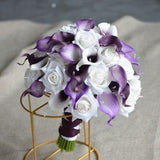 Faux Purple Bride Bouquet, Purple Bridesmaids Bouquets, Plum Wedding, Real Touch Calla Lilies, White Roses, Royal Purple Lilac Bouquets