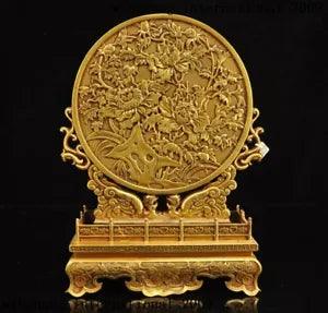 11"Old China Dynasty purple Bronze 24k gold Gilt Bird Peony flower statue Screen