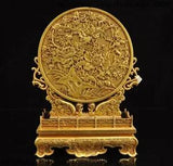 11"Old China Dynasty purple Bronze 24k gold Gilt Bird Peony flower statue Screen