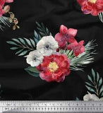 Soimoi Black Cotton Duck Fabric Peony & Anemone Floral Print Print-upV