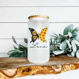 Personalized 16oz sunflower butterfly frosted beer can glass with bamboo topper and plastic straw. Custom gift idea with name. Feminine cup