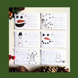 Plantable Christmas gift tags with festive drawing of snowman, six holiday gift tag, name tag, wild flower gift name tag