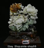 16" Chinese Natural Xiu Jade Carving Feng Shui Peony Flower Bird Sculpture