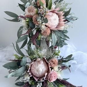 Australian Native Flower Wedding Bouquet Dusty Pink King Protea Eucalyptus Bridal Weddings Bouquets Groom Buttonhole Rustic Boho Bouquet Set