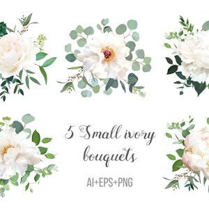 Ivory beige, white and creamy rose, peony flowers vector design wedding bouquets. Eucalyptus, greenery. Floral pastel watercolor style.
