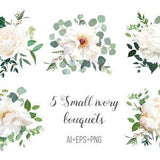 Ivory beige, white and creamy rose, peony flowers vector design wedding bouquets. Eucalyptus, greenery. Floral pastel watercolor style.
