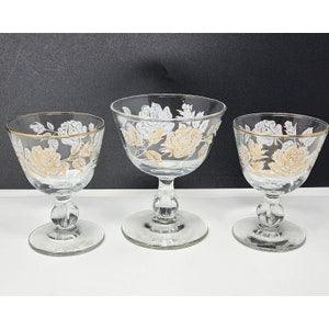 Libbey Rose Bouquet Champaign & Cocktails Glasses Set of 3 White Gold Vintage